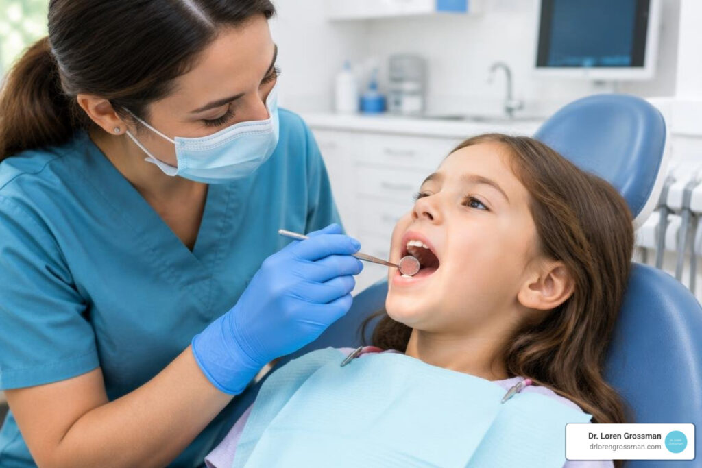 pediatric dentist evaluating sealed molars on a child